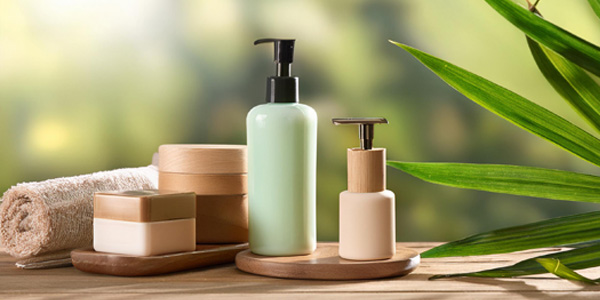 Holztisch mit zusammengerolltem Handtuch, zwei Cremedosen mit Holzdeckel, einer hellgrünen Flasche mit Pumpspender und einer kleineren Flasche, daneben grüne Blätter, Hintergrund unscharf.